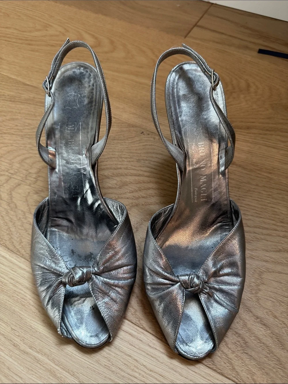 Bruno Magli Metallic Silver Knotted Peep-Toe Slingback Heels
